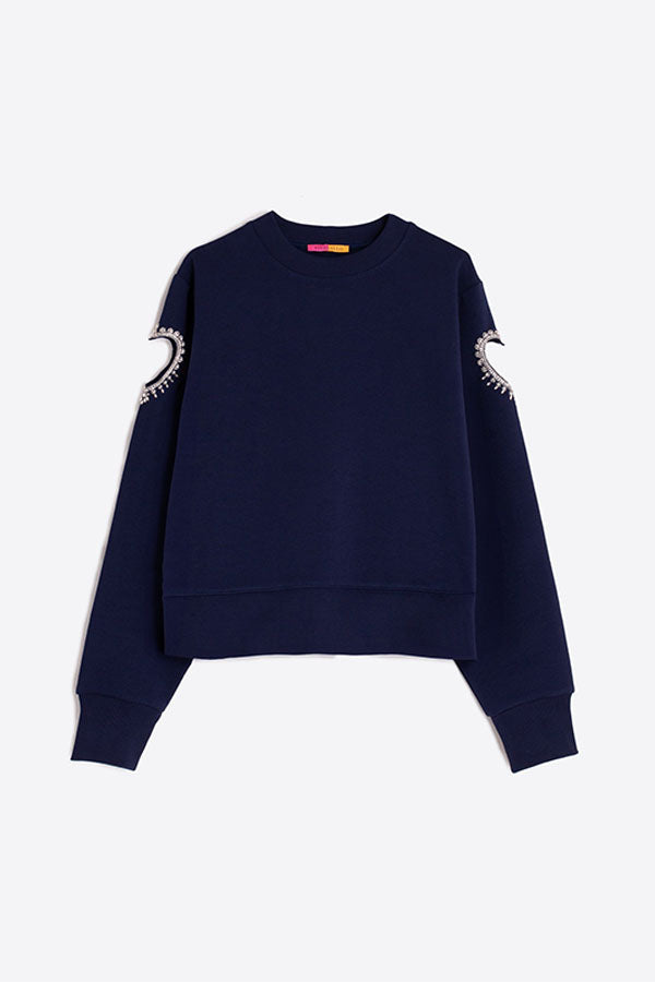 HEART CUT-OUT BEADING NAVY SWEATSHIRT