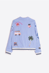 SURF EMBROIDERY BLUE STRIPED BOMBER JACKET