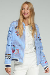 SURF EMBROIDERY BLUE STRIPED BOMBER JACKET