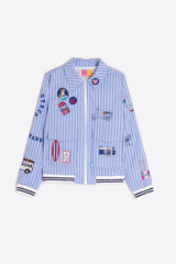 SURF EMBROIDERY BLUE STRIPED BOMBER JACKET