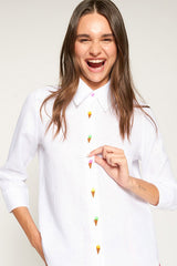 EMBROIDERED ICE CREAM WHITE LINEN SHIRT