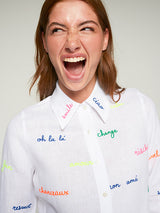 EMBROIDERED MESSAGES WHITE LINEN SHIRT