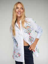 LINEN MIX EMBROIDERED STRIPED SHIRT