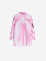 LINEN MIX FLORAL EMBROIDERED PINK STRIPED SHIRT