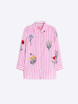LINEN MIX FLORAL EMBROIDERED PINK STRIPED SHIRT