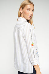 BONJOUR EMBROIDERED BEIGE STRIPED LINEN SHIRT