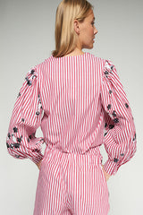 EMBROIDERED RED SRIPED BOW SHIRT
