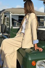 BLUE STRIPED TURN-UPS EMBROIDERED BEIGE JACKET