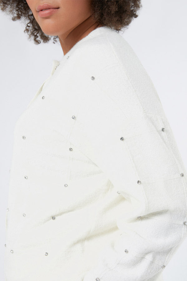 ROBBY WHITE RHINESTONES ALPACA BLEND CARDIGAN