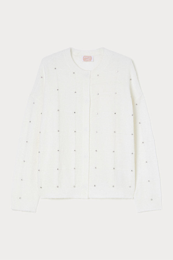 ROBBY WHITE RHINESTONES ALPACA BLEND CARDIGAN