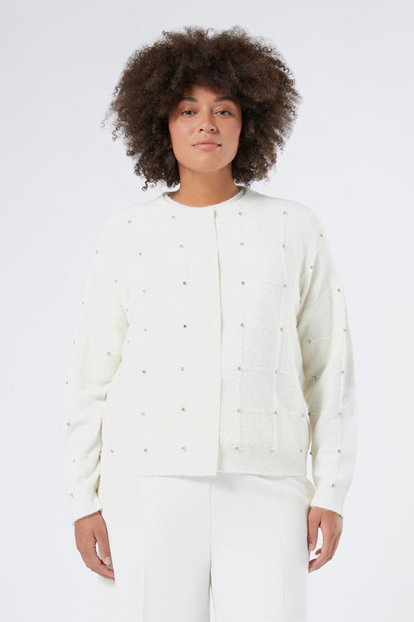 ROBBY WHITE RHINESTONES ALPACA BLEND CARDIGAN