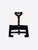 BLACK ECRU TWO-TONE FRAYED CARDIGAN