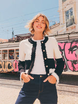 BLACK ECRU TWO-TONE FRAYED CARDIGAN