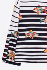 FISH PRINT STRIPED LONG SLEEVE T-SHIRT