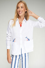 EMBROIDERED FISH WHITE LINEN SHIRT