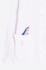 EMBROIDERED FISH WHITE LINEN SHIRT
