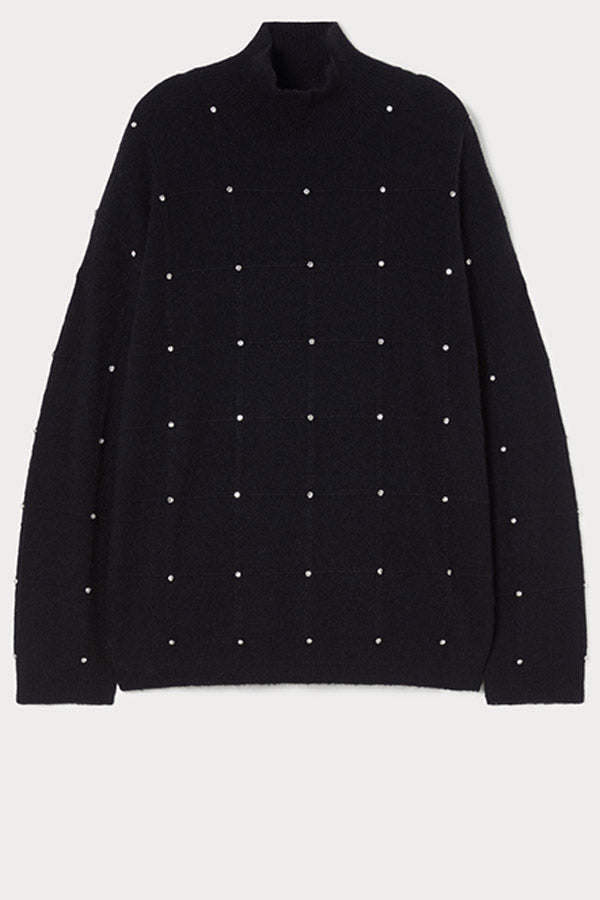 DOROTEA BLACK RHINESTONES ALPACA BLEND POLO NECK JUMPER