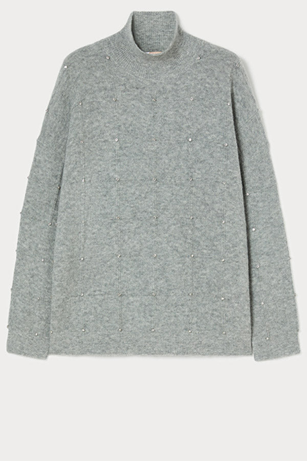 DOROTEA GREY RHINESTONES ALPACA BLEND POLO NECK JUMPER