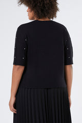 HALLE BLACK RHINESTONE ADORNED ALPACA BLEND SWEATER