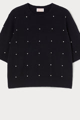 HALLE BLACK RHINESTONE ADORNED ALPACA BLEND SWEATER