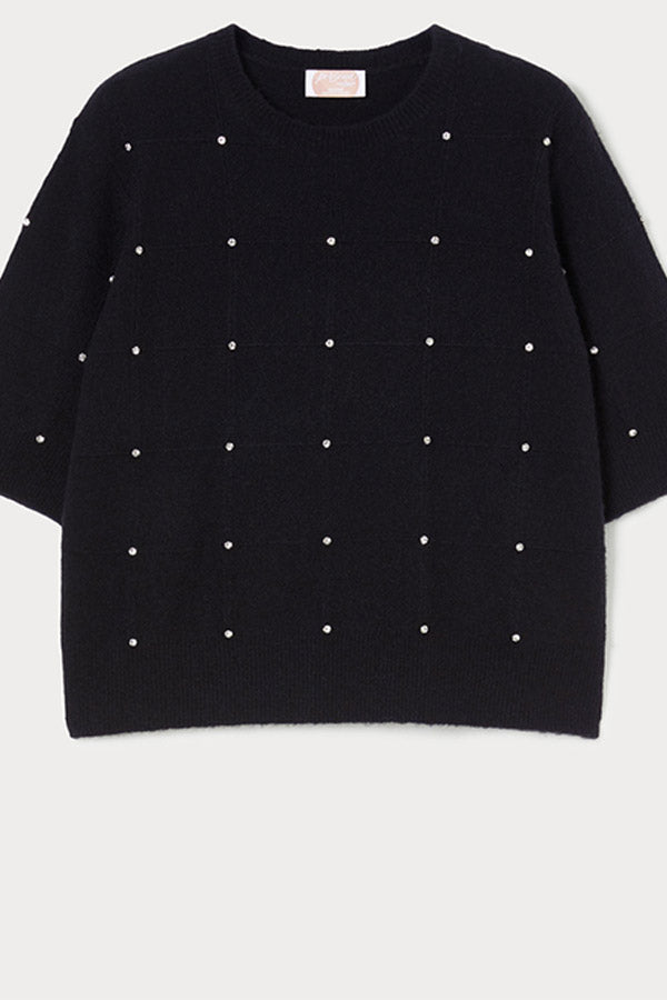 HALLE BLACK RHINESTONE ADORNED ALPACA BLEND SWEATER