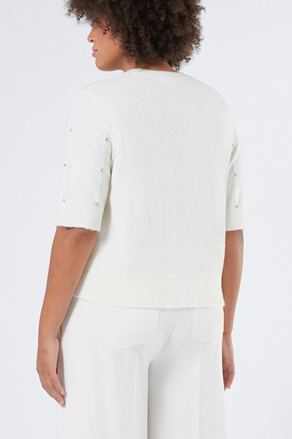 HALLE WHITE RHINESTONE ADORNED ALPACA BLEND SWEATER