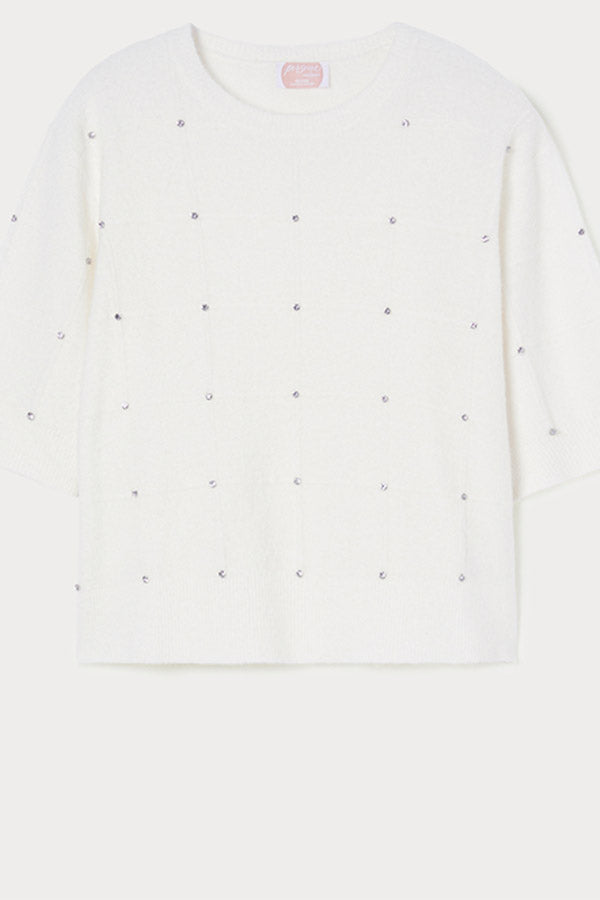 HALLE WHITE RHINESTONE ADORNED ALPACA BLEND SWEATER