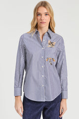 BLUE EMBROIDERED CATS STRIPED SHIRT