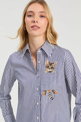 BLUE EMBROIDERED CATS STRIPED SHIRT