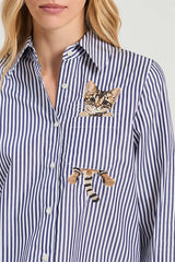 BLUE EMBROIDERED CATS STRIPED SHIRT