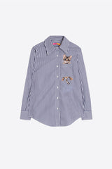 BLUE EMBROIDERED CATS STRIPED SHIRT