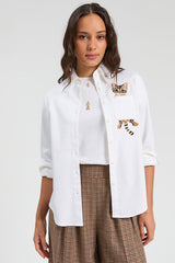 WHITE CAT EMBROIDERY HERRINGBONE SHIRT