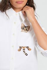 WHITE CAT EMBROIDERY HERRINGBONE SHIRT