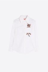 WHITE CAT EMBROIDERY HERRINGBONE SHIRT