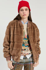 CAMEL FAUX FUR BOMBER JACKET