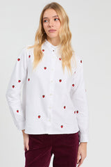WHITE HERRINGBONE STRAWBERRY EMBROIDERED SHIRT