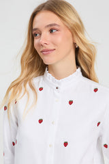 WHITE HERRINGBONE STRAWBERRY EMBROIDERED SHIRT