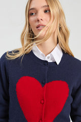 NAVY RED HEART INTARSIA CARDIGAN