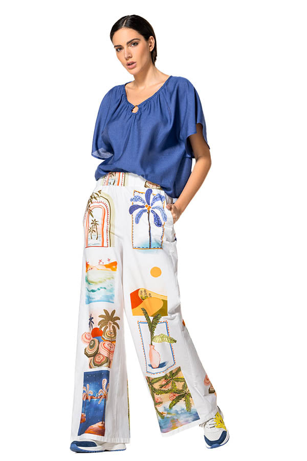 BLUE PRINTED WIDE TROUSERS