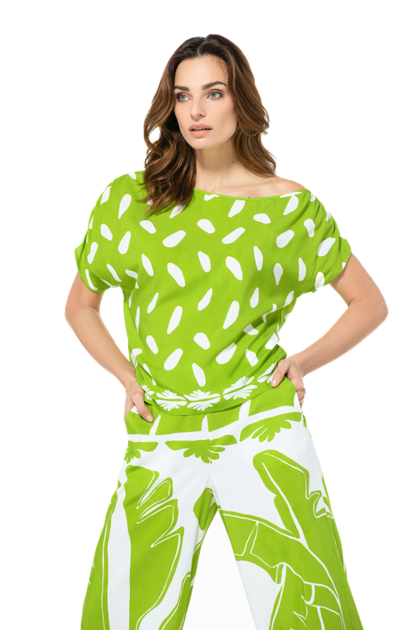 LIME GREEN PRINT LOOSE OFF-SHOULDER TOP