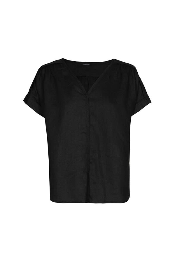 BLACK V-NECK LINEN BLOUSE