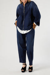 OVATTE NAVY DENIM FLEECE BAGGY TROUSERS