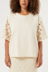 AGIO WHITE BRODERIE ANGLAISE BELL SLEEVES T-SHIRT