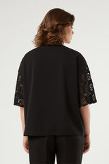 AGIO BLACK BRODERIE ANGLAISE BELL SLEEVES T-SHIRT