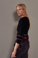 BLACK STRIPED MERINO WOOL V-NECK SWEATER