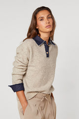 BEIGE TWO TONE POLO SWEATER