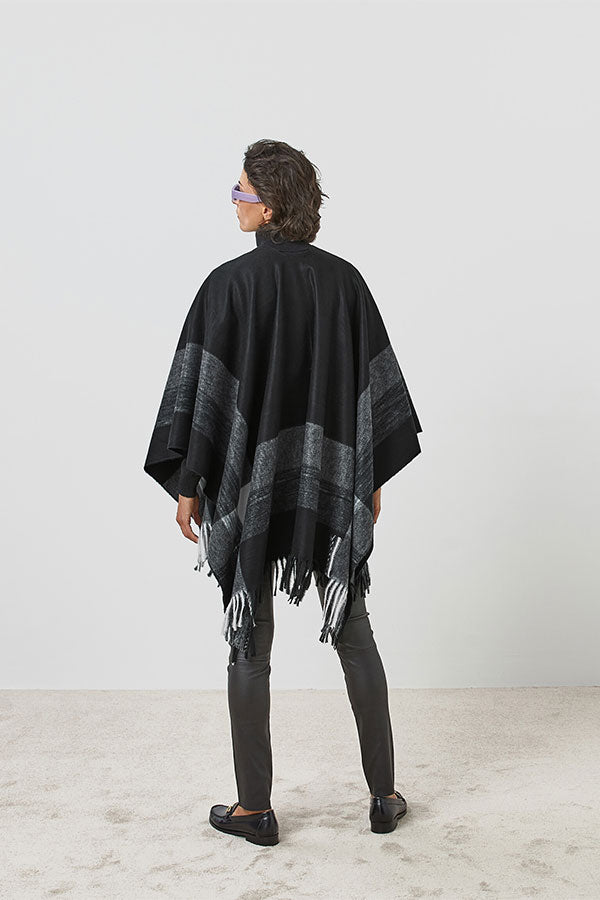 BLACK TRICOLOR FRINGED PONCHO