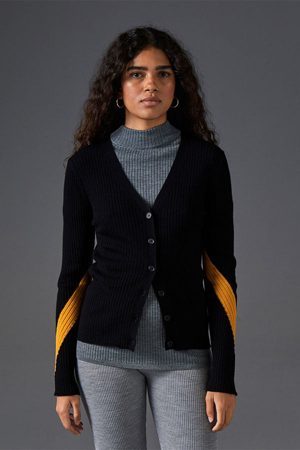 BLACK BICOLOR RIBBED MERINO WOOL CARDIGAN