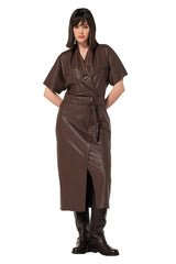 CACAO VEGAN LEATHER ELEGANT MIDI-DRESS