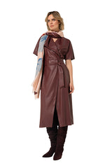 WINE RED VEGAN LEATHER ELEGANT MIDI-DRESS